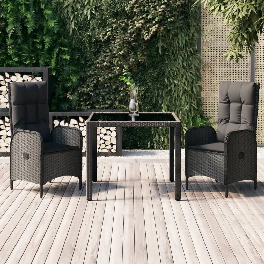 Set da pranzo da giardino 3 pz con cuscini nero in polyrattan