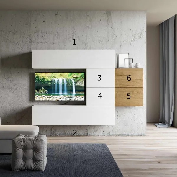 Parete soggiorno Isoka A24 L.234 H.160 P.39,5 Bianco e Quercia