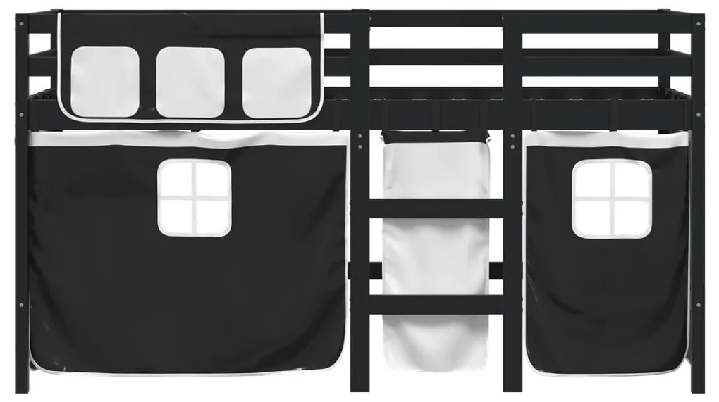 Letto a soppalco bambini con tende bianco e nero 90x190 cm pino