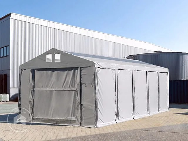 TOOLPORT 8x12m tenda capannone, altezza 3,6m porta a pacchetto e lucernari, PVC 850, grigio, senza statica - (79849)