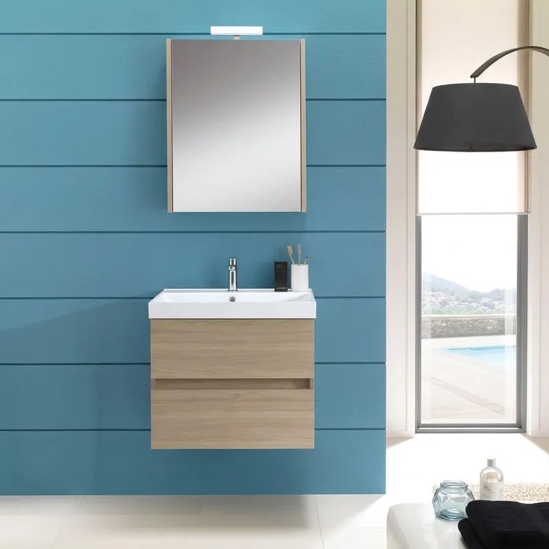 Mobile bagno sospeso con lavabo L 60 x H 57 x P 46 cm olmo rousseau in truciolare 2 cassetti per vasca centrale Kora