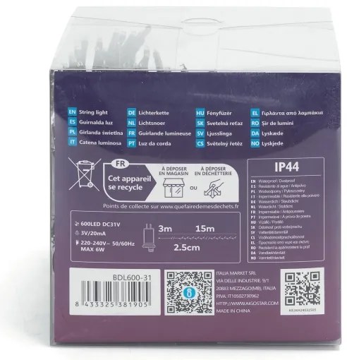 Aigostar - Catena LED natalizia da esterno 600xLED/8 funzioni 18m IP44 bianco freddo