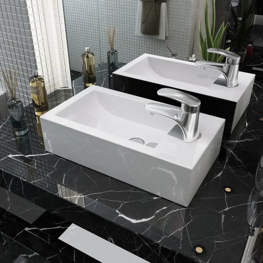 Lavandino Con Foro Rubinetto Rettangolare Ceramica 46x25,5x12cm /