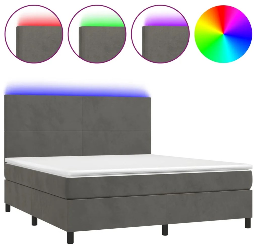 Letto a molle con materasso e led grigio scuro 180x200 cm