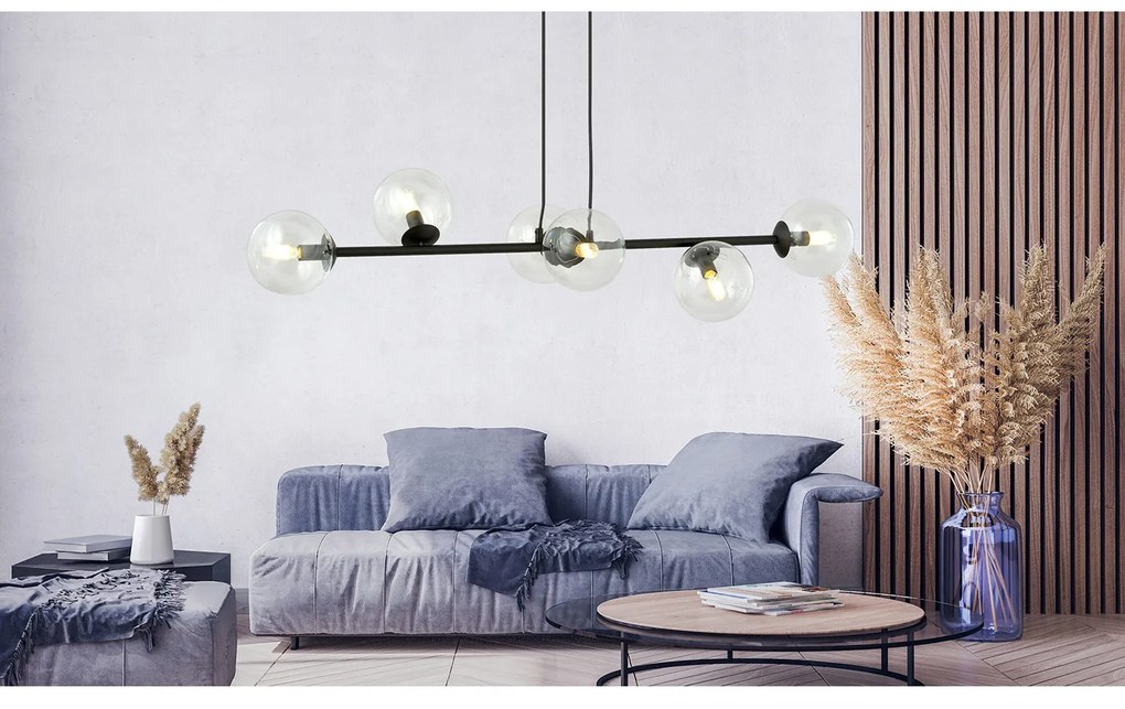 Lampadario Contemporaneo 6 Luci Durga In Acciaio Nero E Sfere Vetro Trasparente