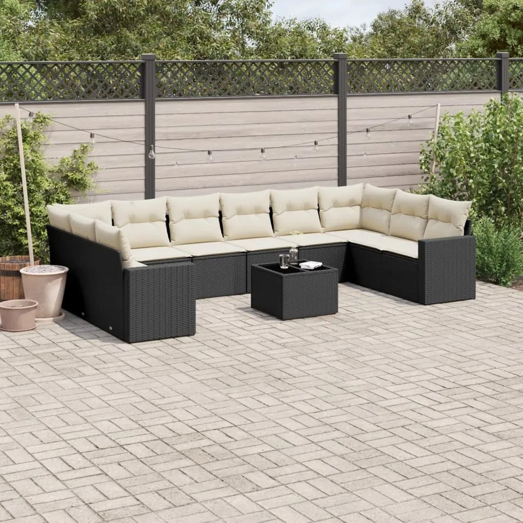 Set divani da giardino 11 pz con cuscini in polyrattan nero