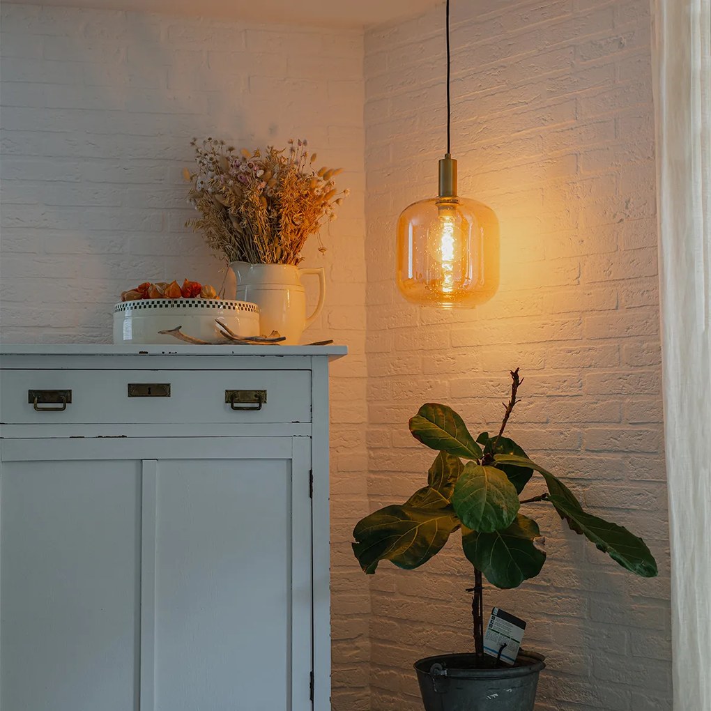 Lampada a sospensione di design nera con ottone e vetro ambrato - Zuzanna