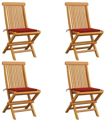 Sedie da Giardino con Cuscini Rossi 4 pz Massello di Teak