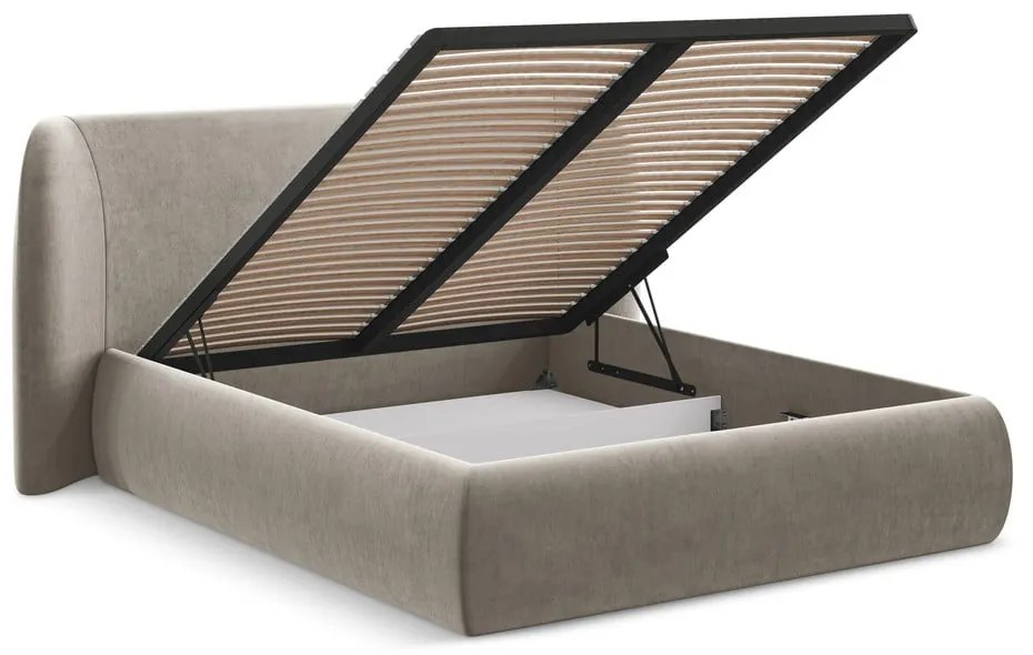 Letto matrimoniale imbottito tortora con contenitore con griglia 140x200 cm Hauke - Makamii