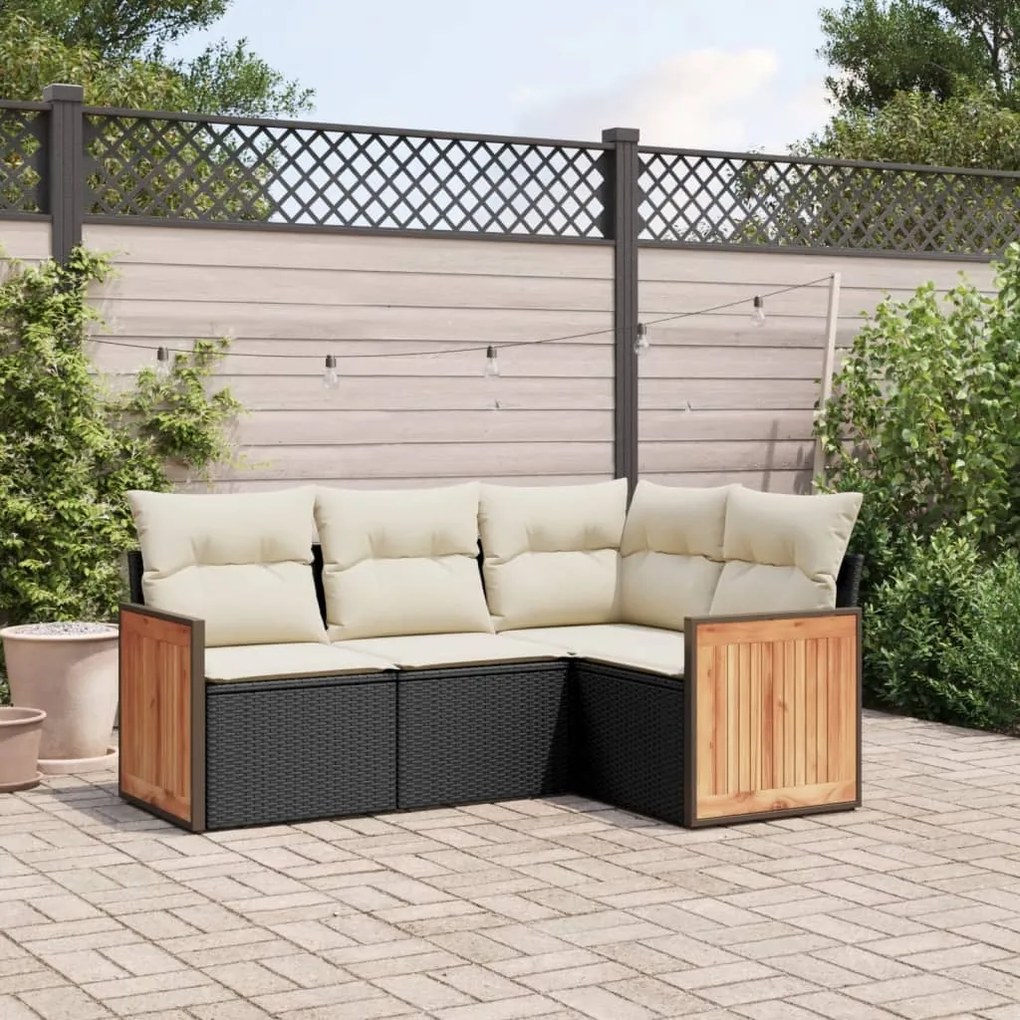 Set divani da giardino 4 pz con cuscini nero in polyrattan