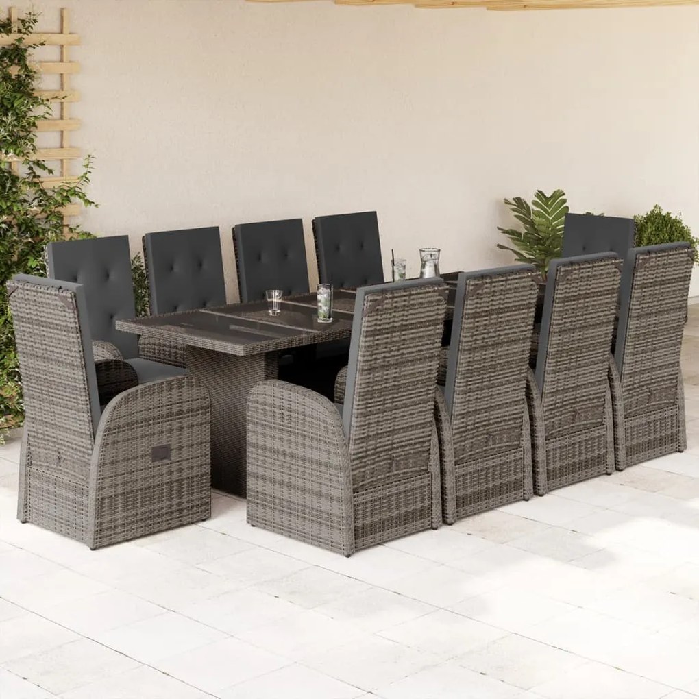 Set da pranzo da giardino 11pz con cuscini in polyrattan grigio