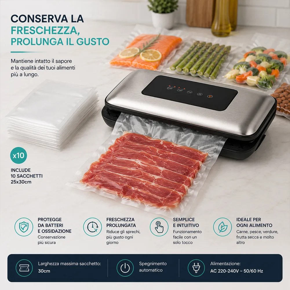 Macchina Sottovuoto e Sigilla 110W Forza Aspirante -600mBar per Alimenti...