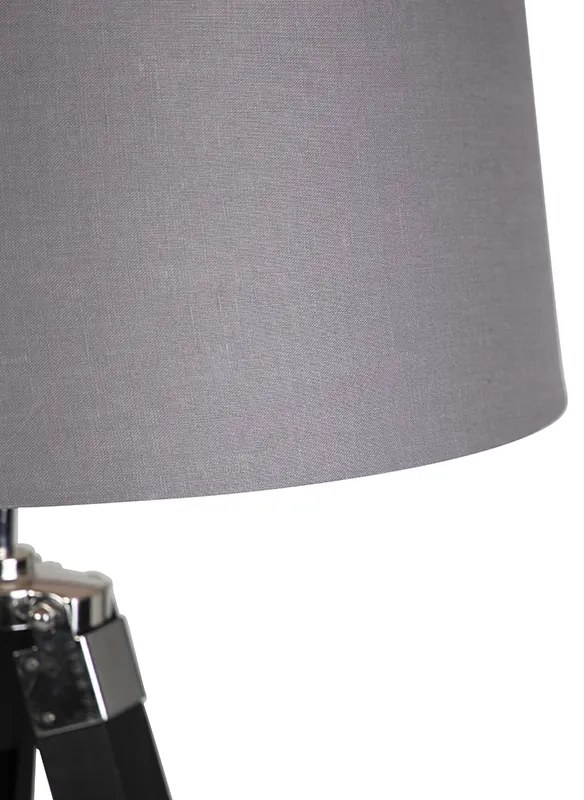 Lampada da terra treppiede nera con paralume 45 cm lino grigio scuro