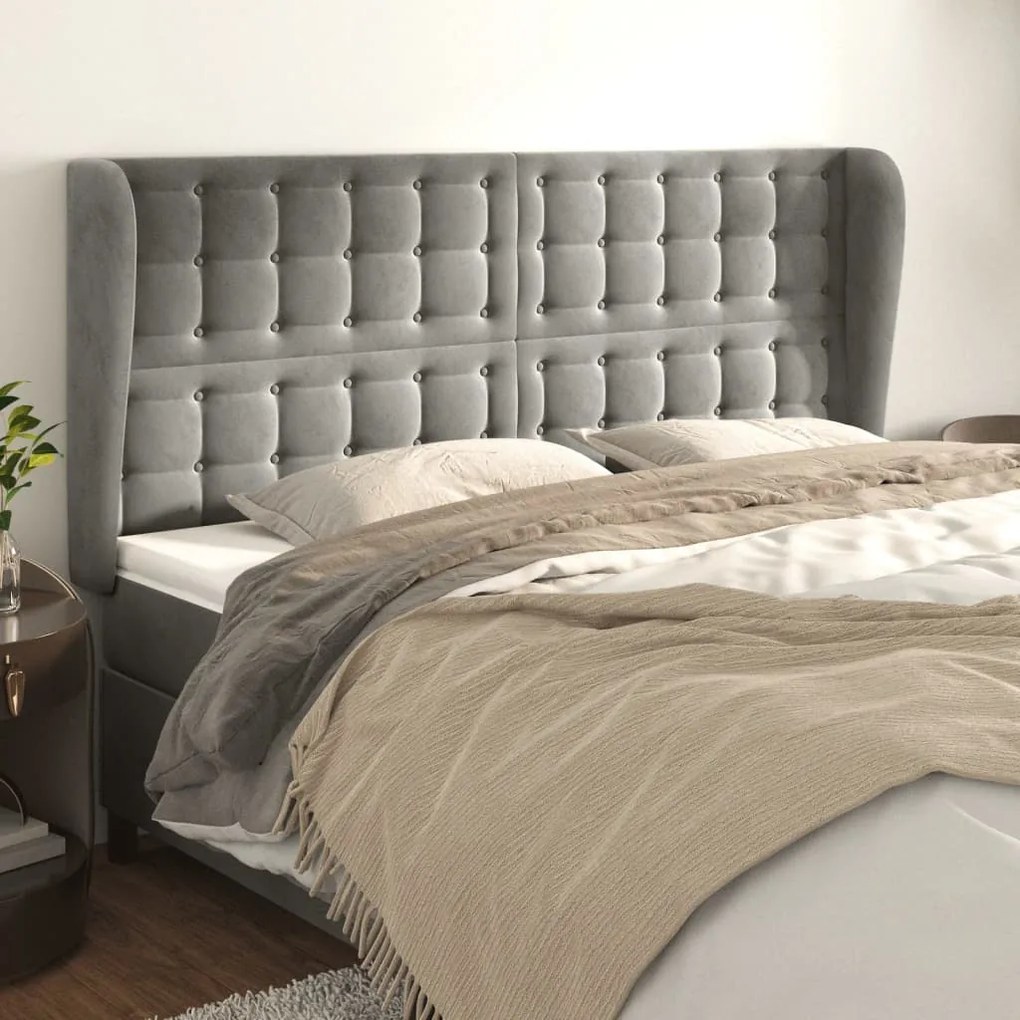 Testiera Ad Orecchio Grigio Chiaro 203x23x118/128 Cm İn Velluto /