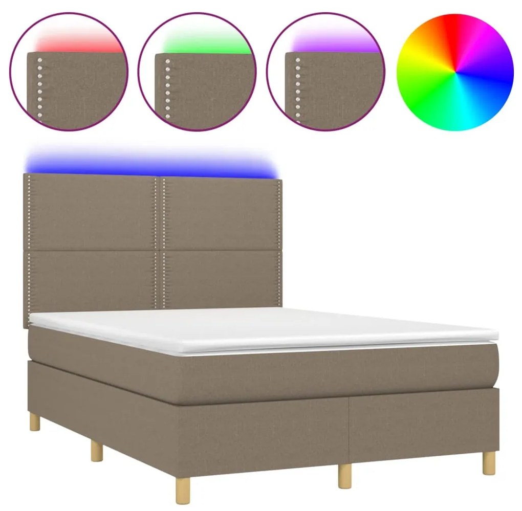 Letto a molle con materasso e led tortora 140x190 cm in tessuto