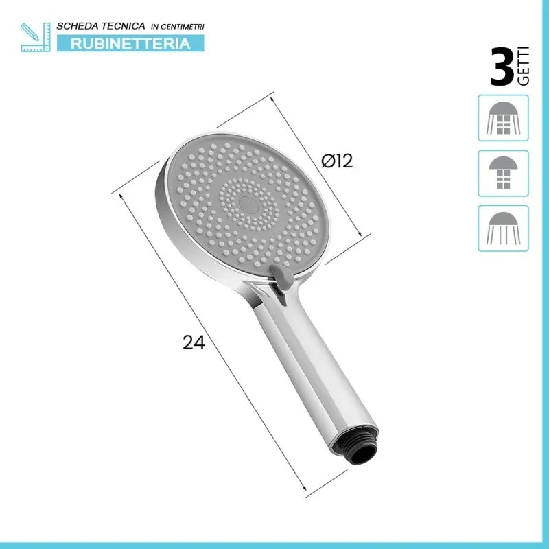 Doccetta tonda H 24 cm in ABS cromato lucido con 3 tipi di getto