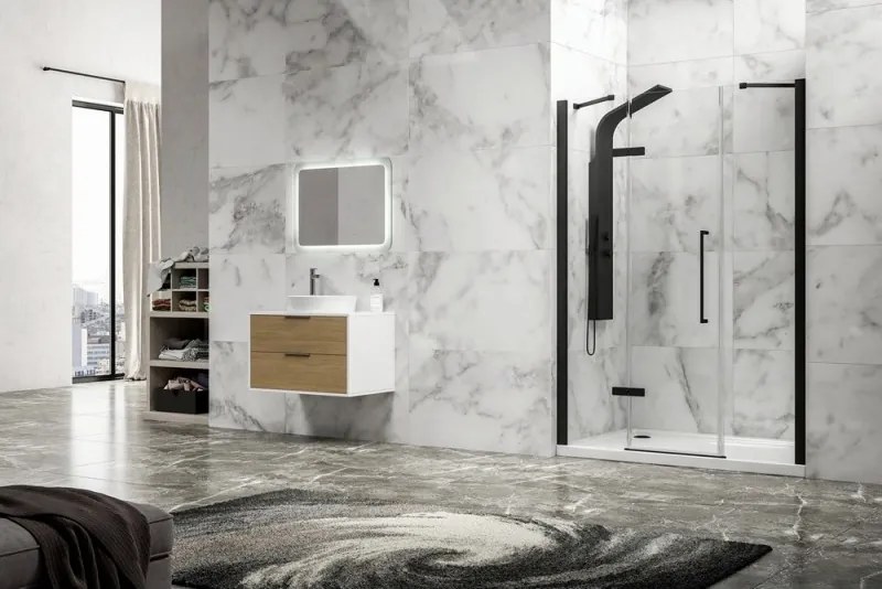 Kamalu - Porta doccia 145cm battente e 2 fissi colore nero | KT6000N