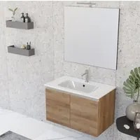 Composizione bagno sospesa Nexu 2 ante con lavabo specchio con lampada LED 80x50 cm rovere