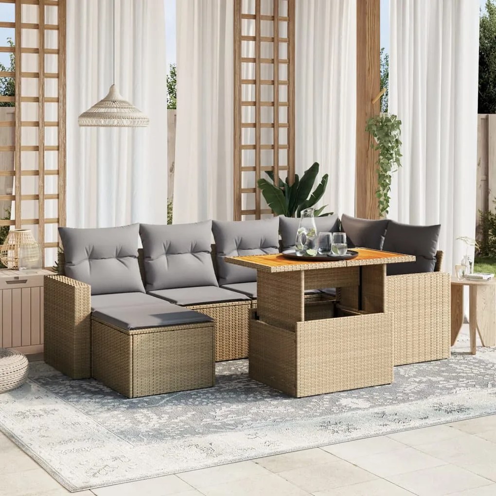 Set divani da giardino 7 pz con cuscini beige in polyrattan