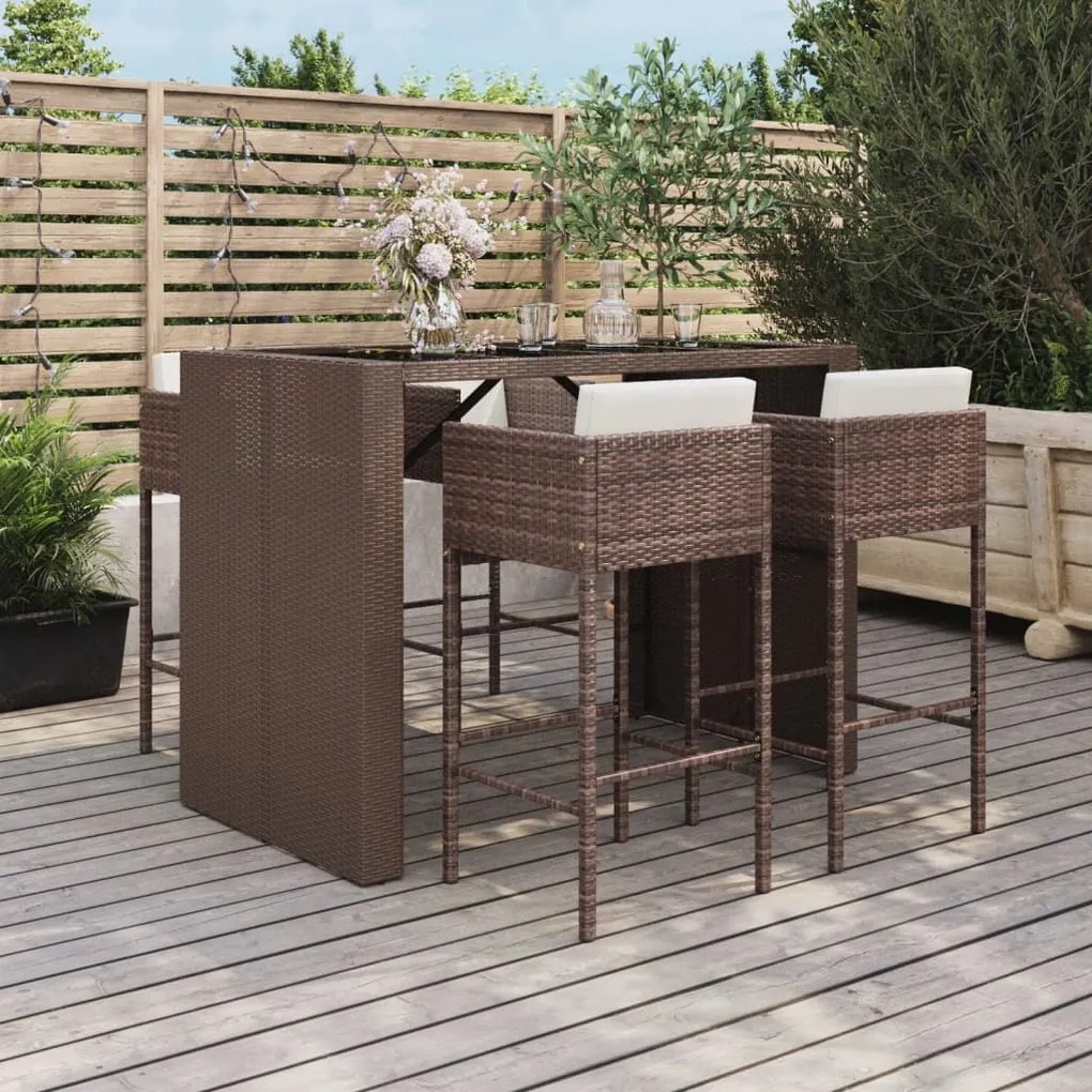 Set bar da giardino 5 pz con cuscini in polyrattan marrone