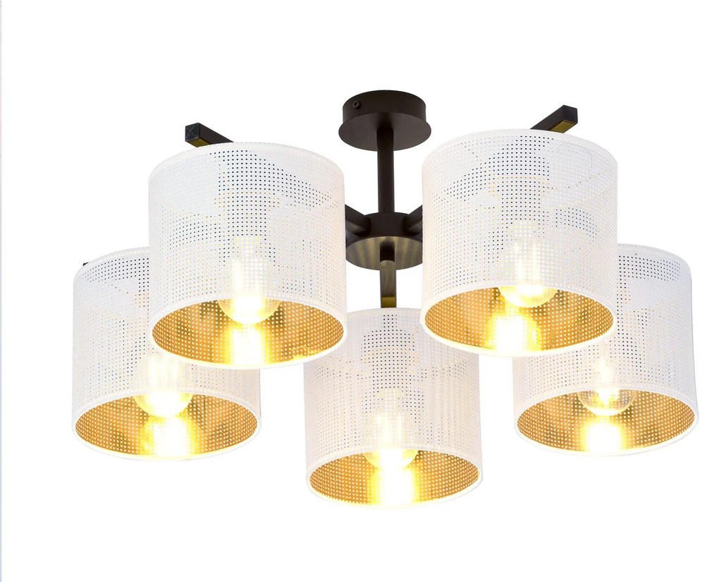 Plafoniera Industrial 5 Luci Jordan In Acciaio Bianco E Paralumi A Cilindro Oro