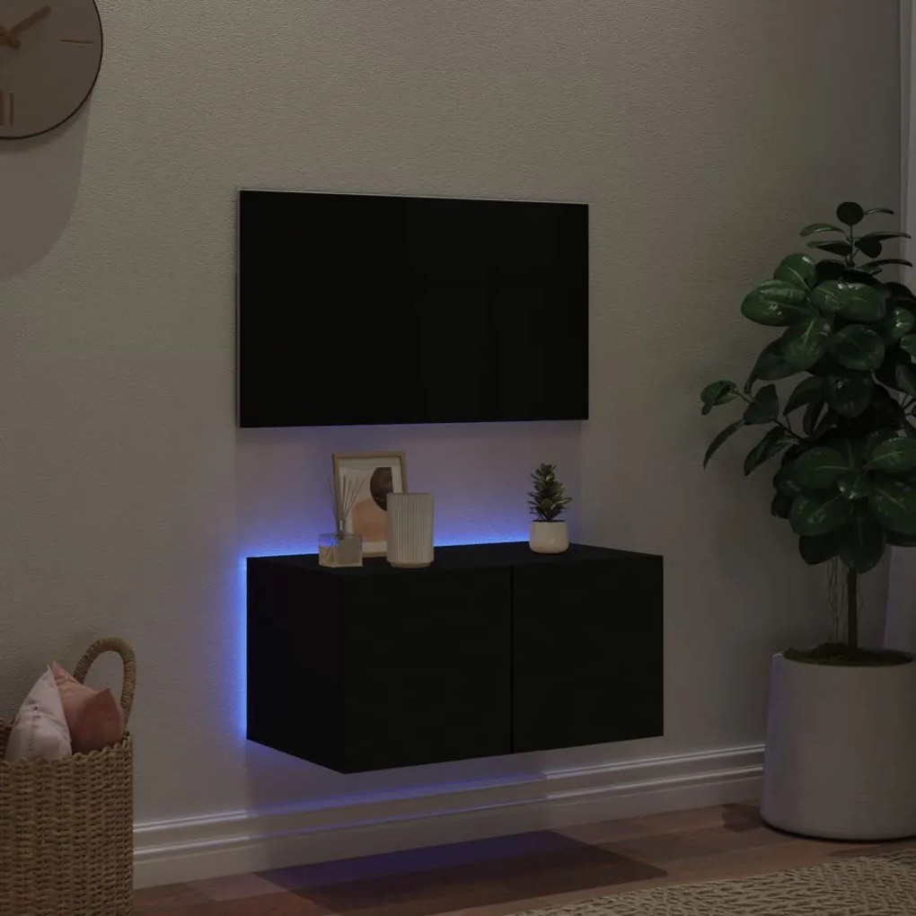 Mobile tv a parete con luci led nero 60x35x31 cm