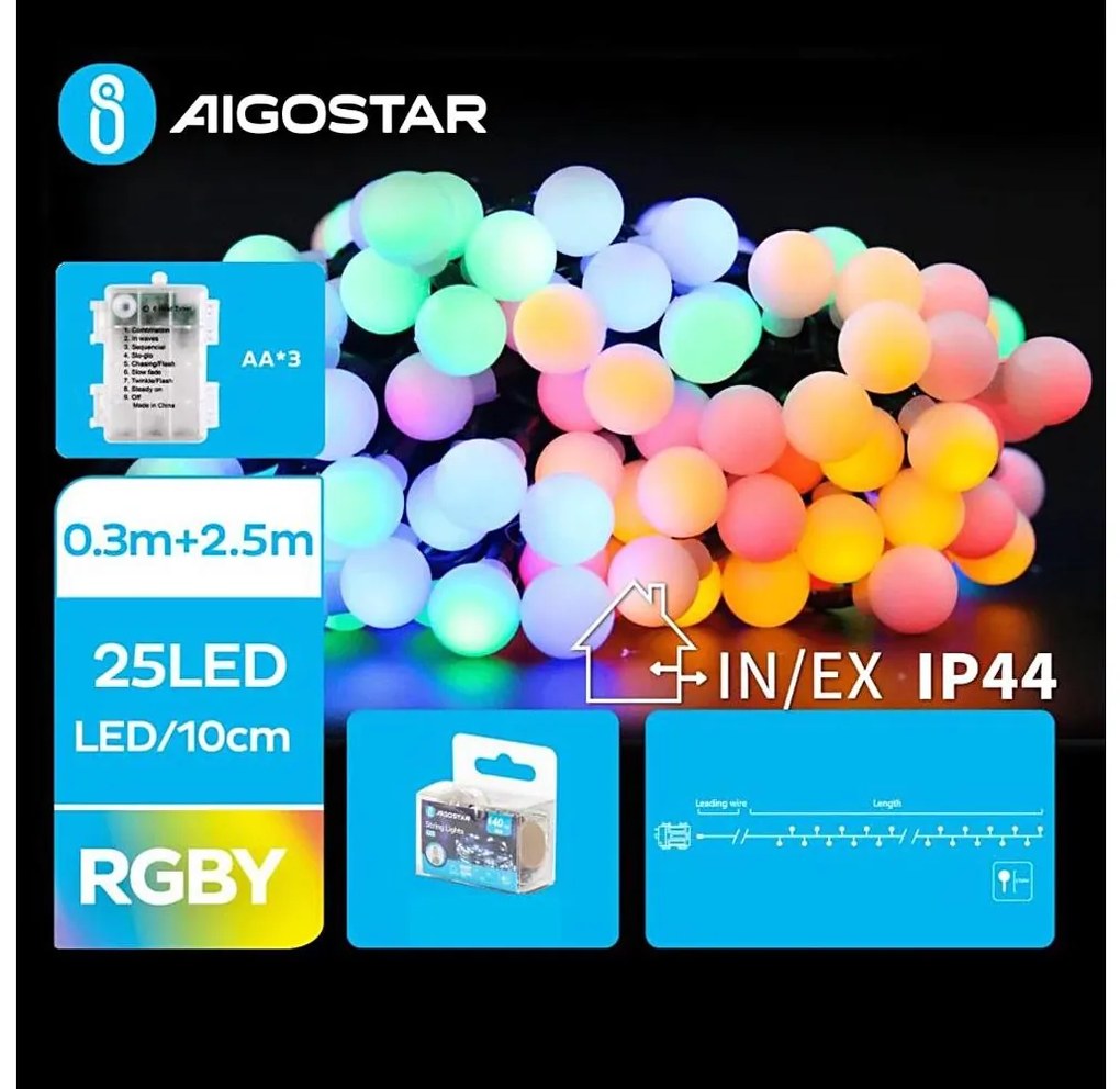 Aigostar - Catena luminosa natalizia da esterno a LED 25xLED/3xAA/8 funzioni 2,8 m IP44 multicolore