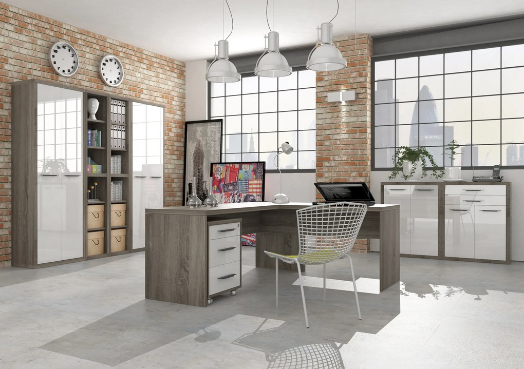 Ufficio completo in finitura Rovere Tartufo e Bianco Laccato