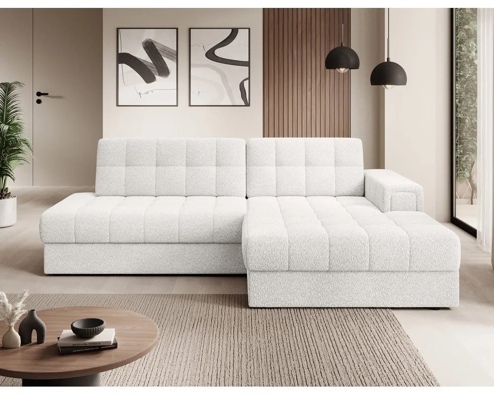 Divano angolare color crema allungabile (con penisola a destra/con chaise lounge) con rivestimento in bouclé Blezalt – ELTAP