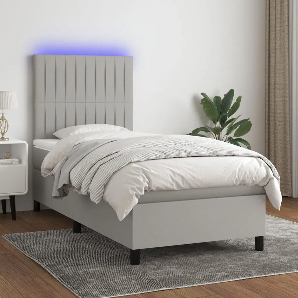 Letto A Molle Materasso E Led Grigio Chiaro 100x200 Cm Tessuto /