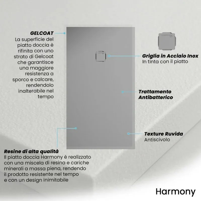 Piatto doccia 100x100 in marmoresina cemento con griglia in acciaio inox Harmony
