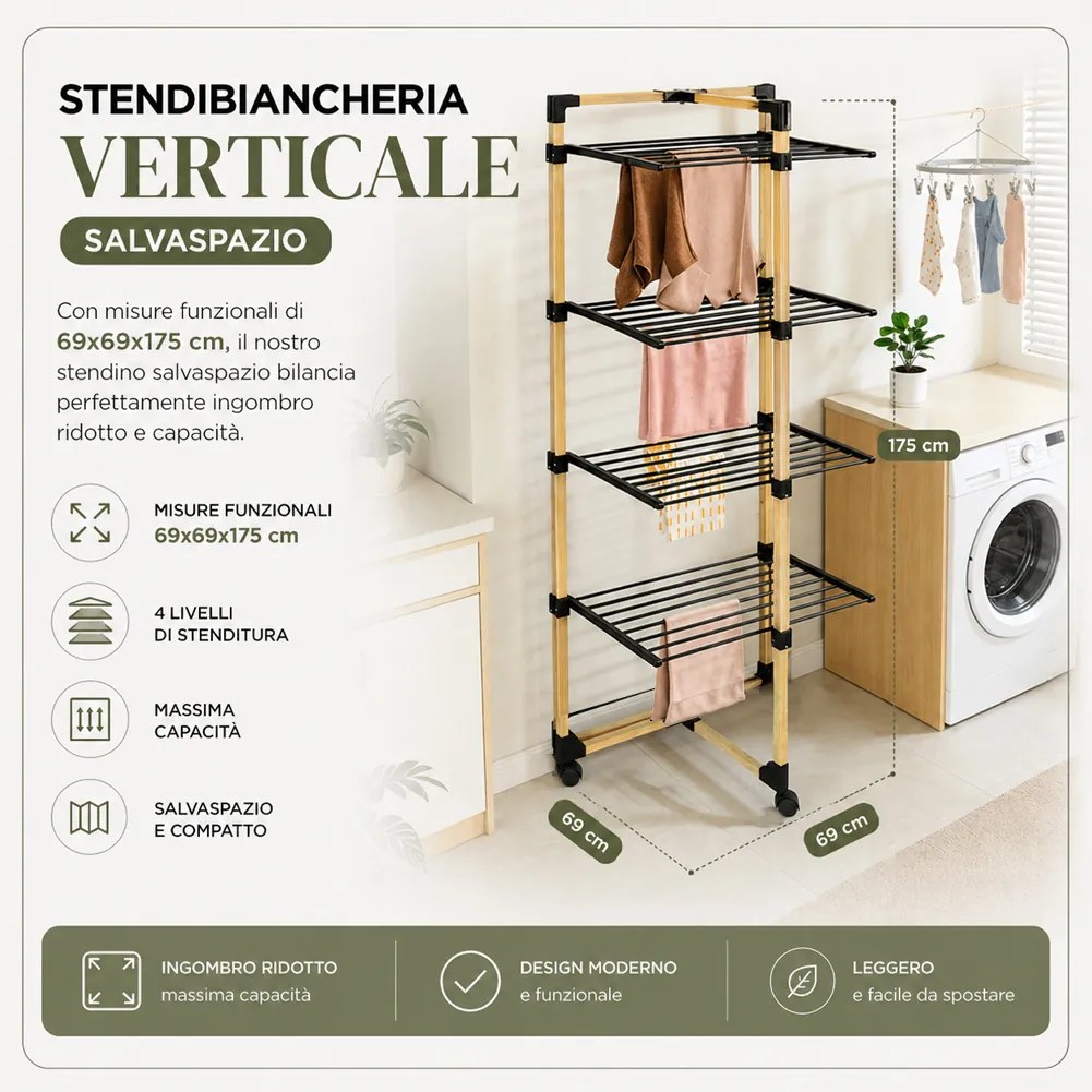 Stendibiancheria a Torre Verticale a 4 Livelli 69x69x175 cm Pieghevole con Ruote Nero e Legno...