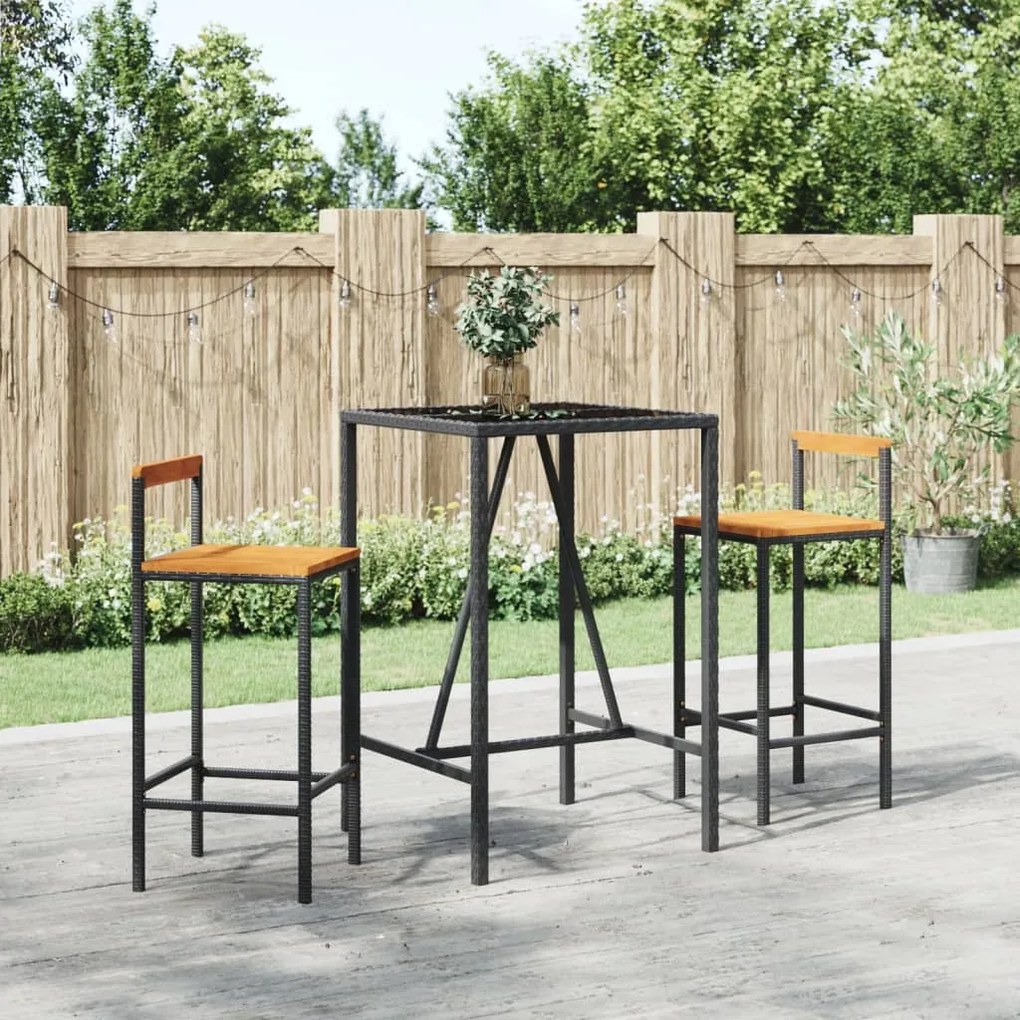 Set Bar Giardino 3 Pz Nero Polyrattan E Legno Massello Acacia /