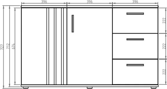 Credenza 120 Cm 2 Ante 3 Cassetti Listelli Rovere Toll Bianco Opaco