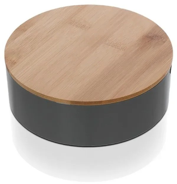 Porta trucchi da bagno tondo in plastica grigia e bamboo completo di specchio