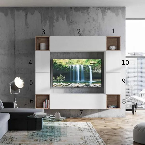 Parete soggiorno Isoka A05 L.254 H.200 P.39,5 Bianco e Quercia