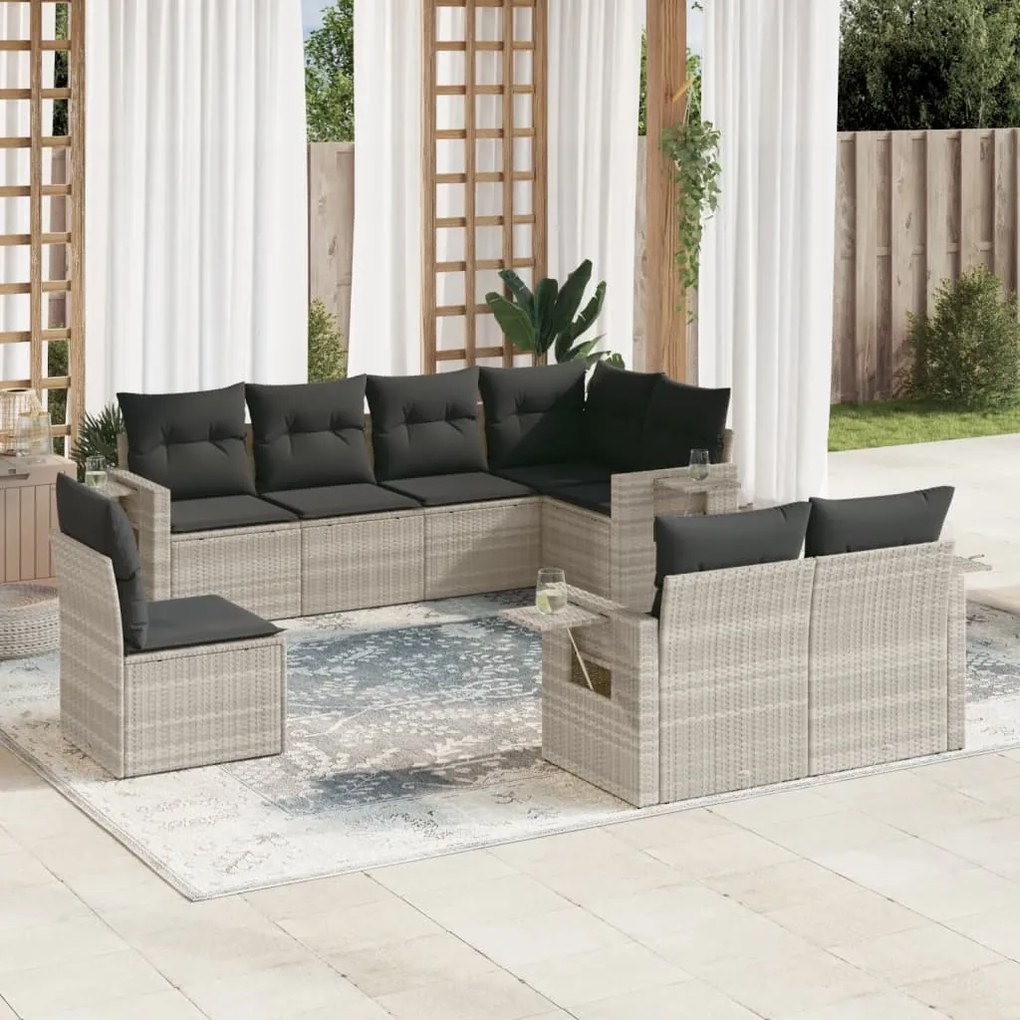 Set divano da giardino 8pz con cuscini grigio chiaro polyrattan