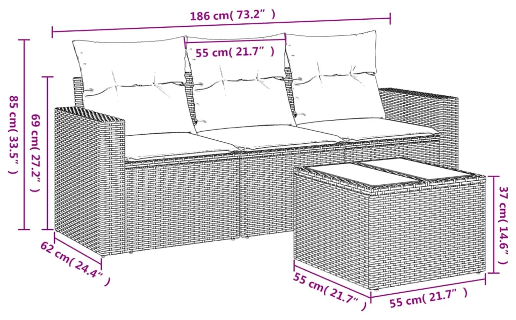 Set divani da giardino 4 pz con cuscini in polyrattan grigio