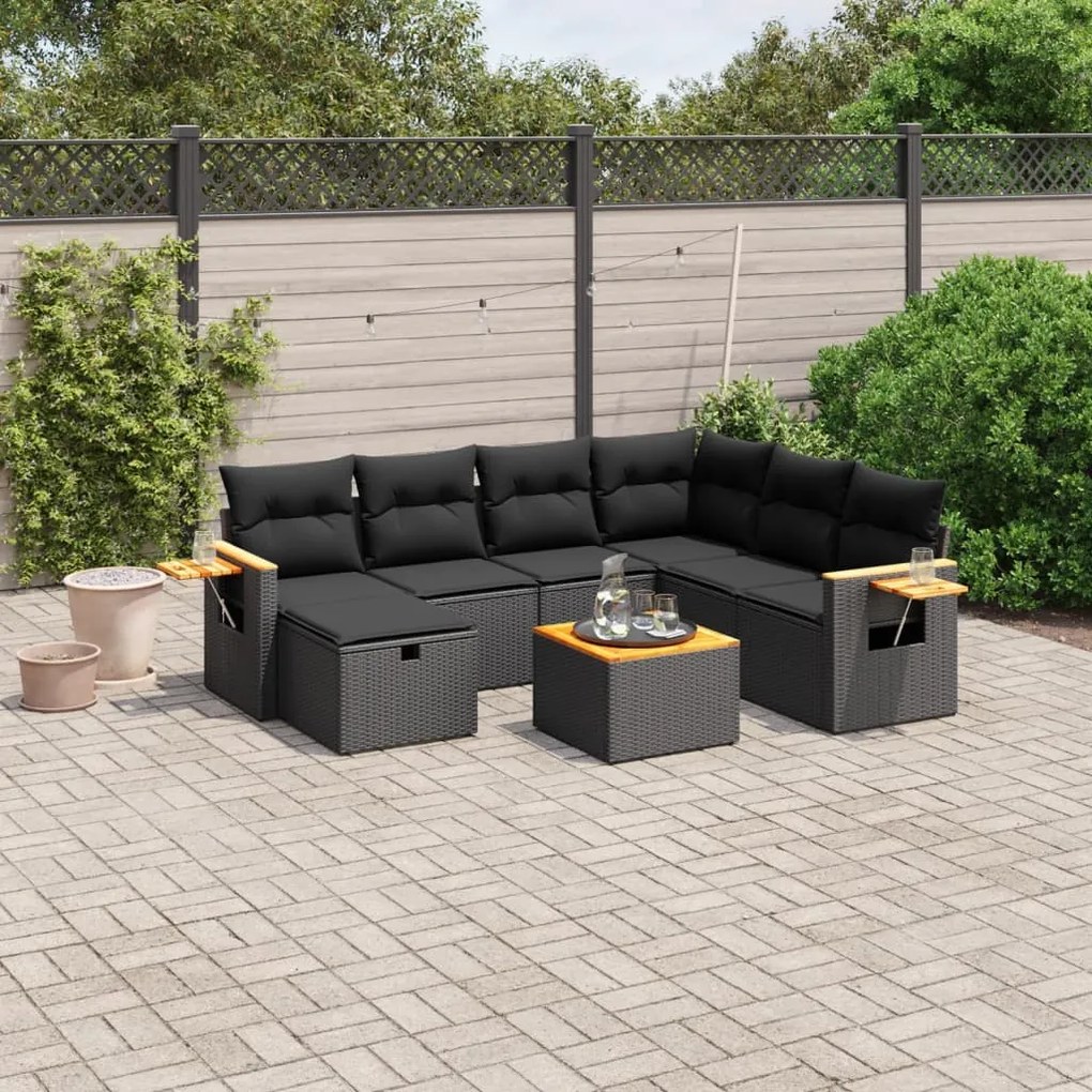 Set divani da giardino con cuscini 8 pz nero in polyrattan