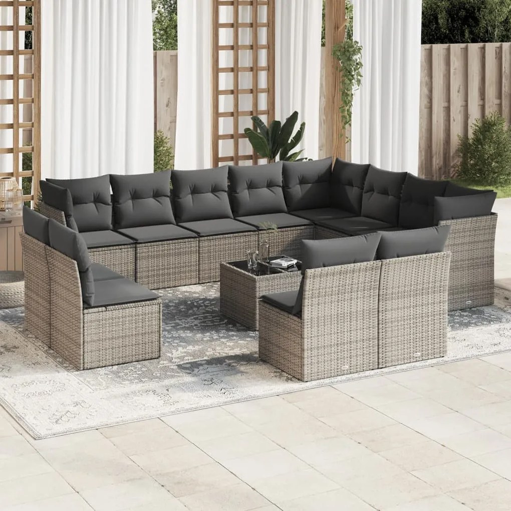 Set divani da giardino 13 pz con cuscini grigio in polyrattan