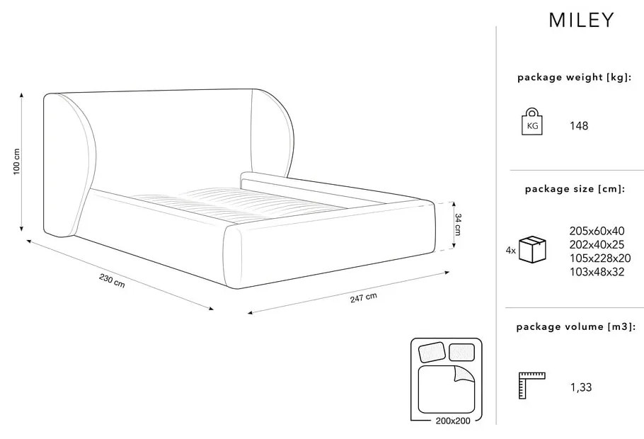 Letto matrimoniale imbottito beige con contenitore con griglia 200x200 cm Miley - Micadoni Home