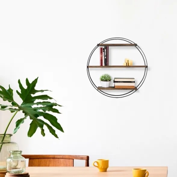 Mensola A Parete Tonda D62 Cm Stile Industrial In Ferro E Legno Naturale Tulipa