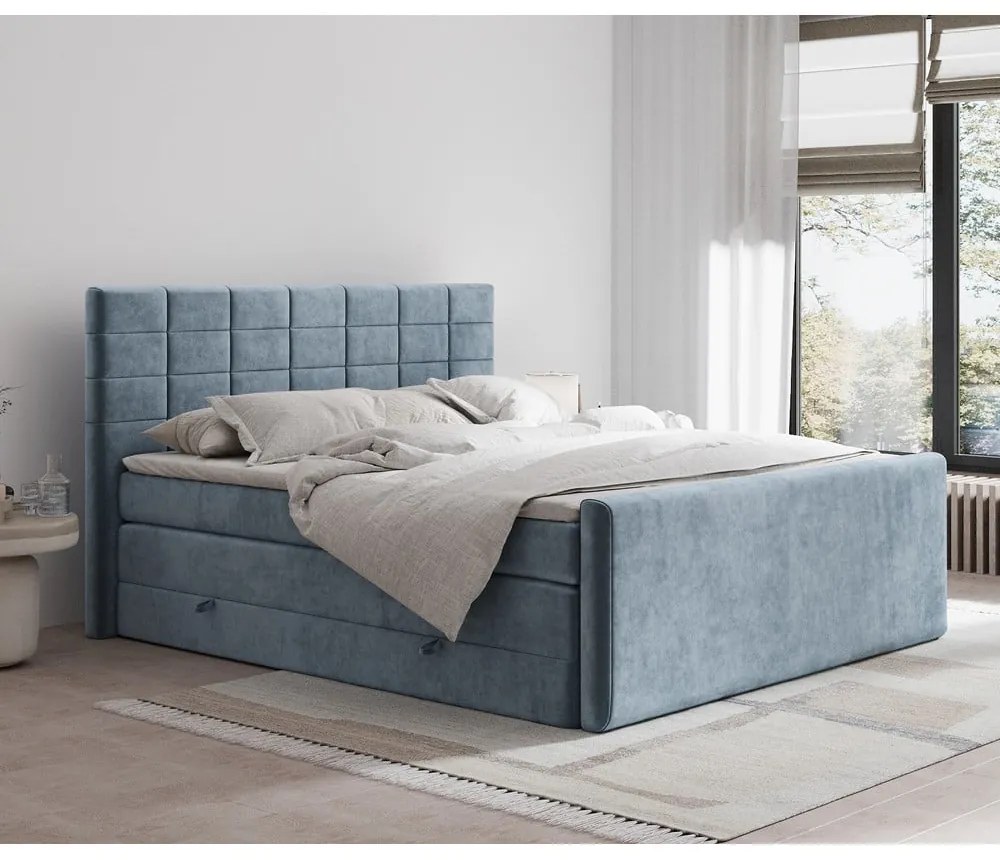 Letto boxspring blu con contenitore 200x200 cm Ava – Maison de Rêve