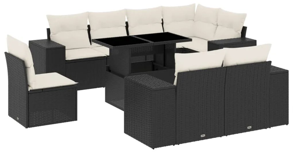 Set divani da giardino 9 pz con cuscini nero in polyrattan