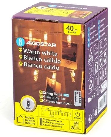 Aigostar - Catena luminosa LED decorativa 40 LED/5W/USB 9 m bianco caldo
