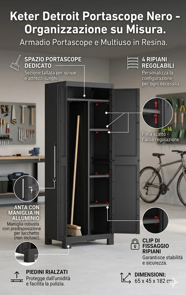Armadio in Resina 4 Ripiani 65x45x182 cm Keter Detroit Portascope Nero...