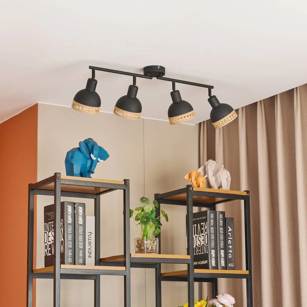 Lindby Lonnaris faretto, rattan, nero, a 4 luci.