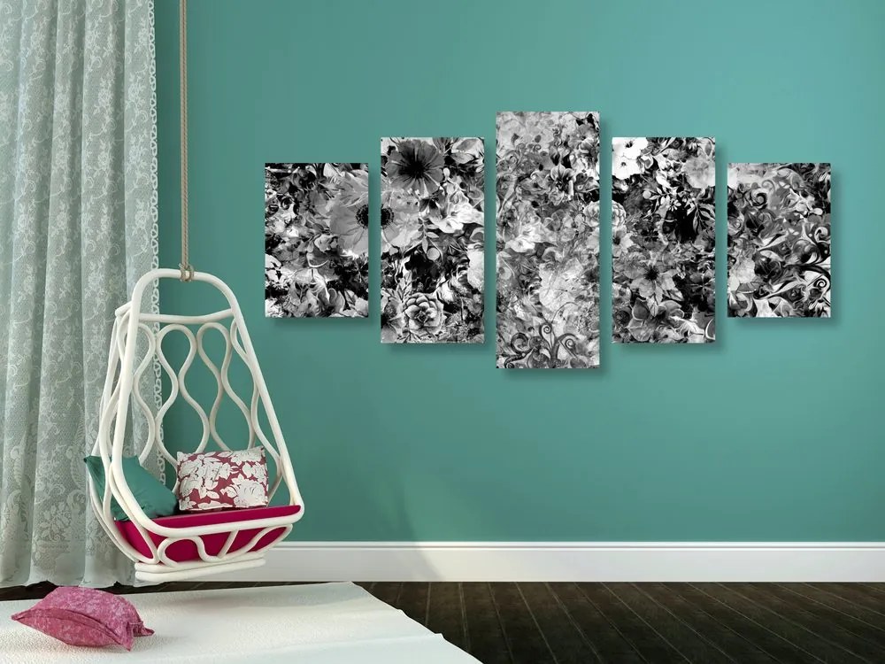 Quadri 5 pezzi – Fiori in bianco e nero