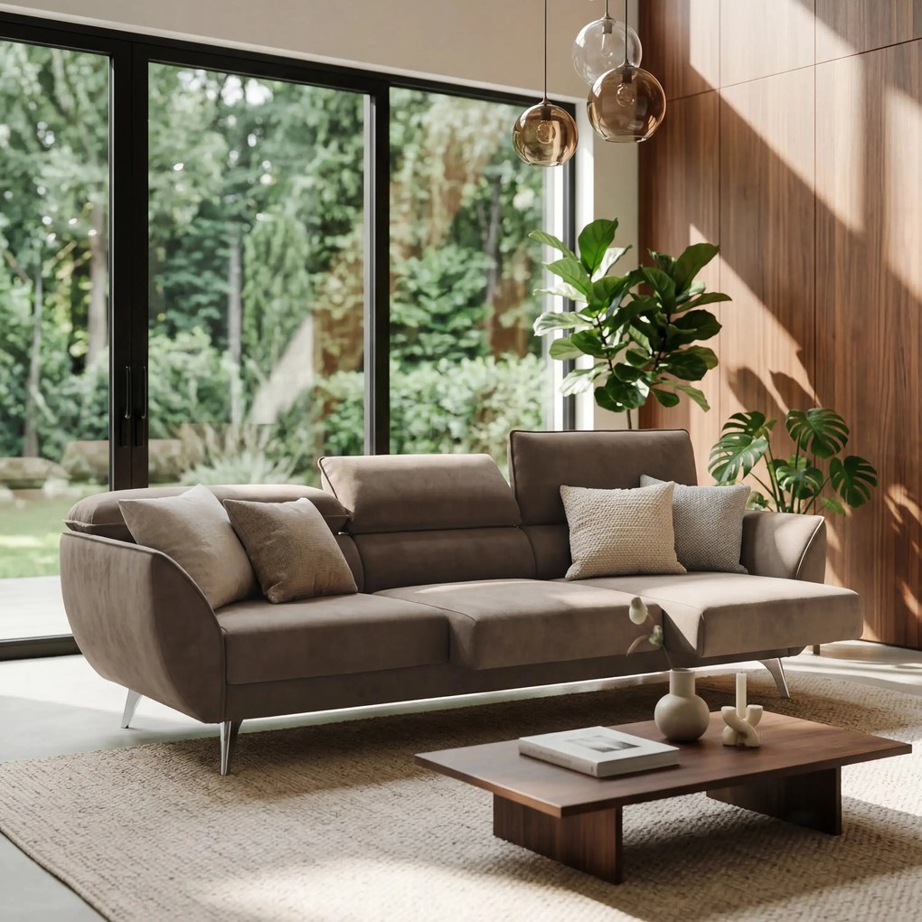 Michelangelo 4 Posti – Divano con 3 sedute estensibili e poggiatesta reclinabili in elegante tessuto vellutino smacchiabile T30