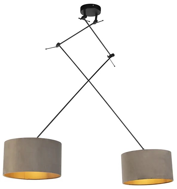 Lampada a sospensione nera con paralumi in velluto color tortora con oro 35 cm 2 luci - Blitz